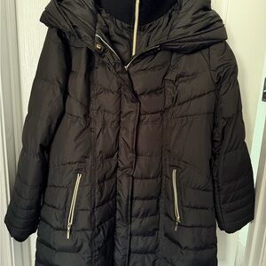 Kensie Black Long Puffer Coat with Gold Accents